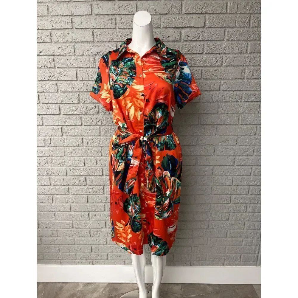 Signature Collection Women Orange Tropical Print Shirt Dress Size L